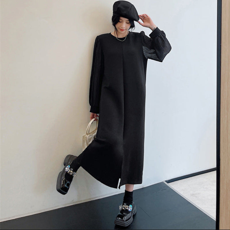 シフォンロングスリーブブラックワンピース