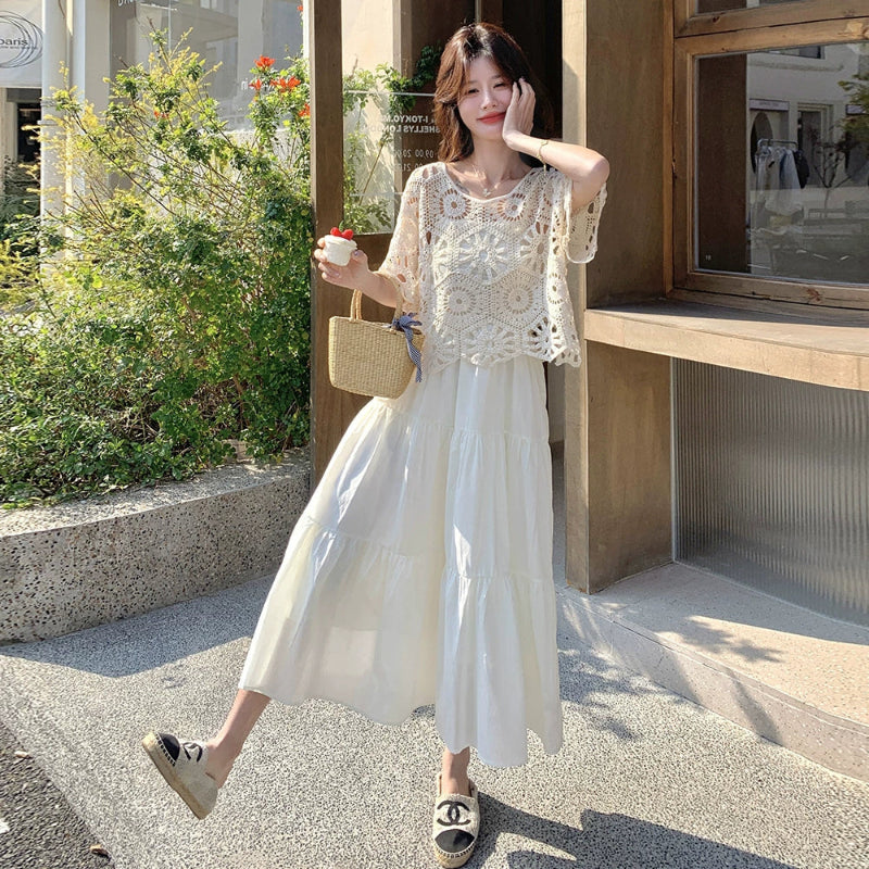 かぎ針編みトップス×ティアードキャミワンピース