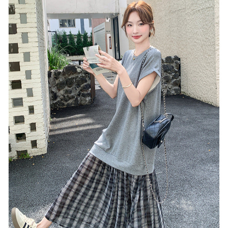 グレーカットソードッキングチェックスカートワンピース