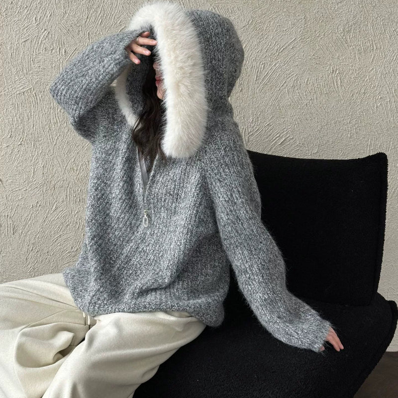 ファーフード付ニットカーディガン(2colors)