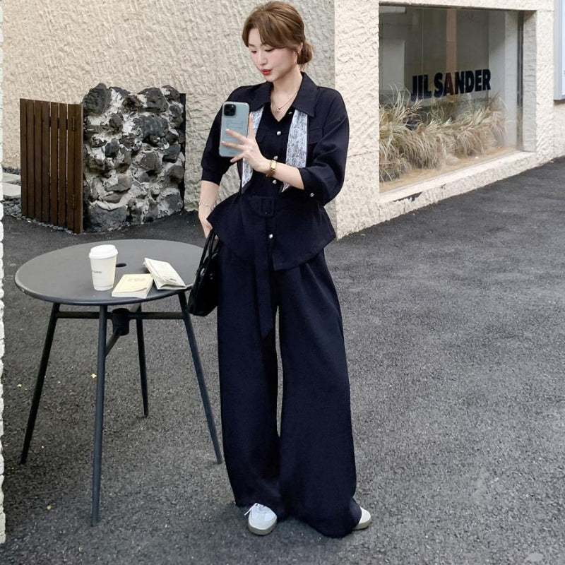 ウエストベルトシャツ×ワイドパンツセットアップ(2colors)