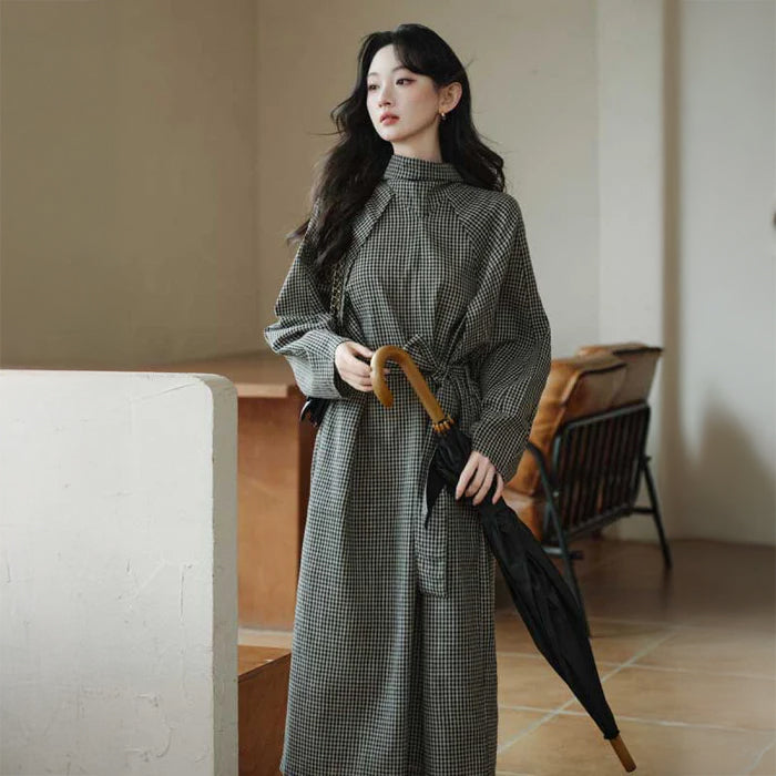 ウエストリボンチェックワンピース（黒）秋/冬 クラシックなデザイン