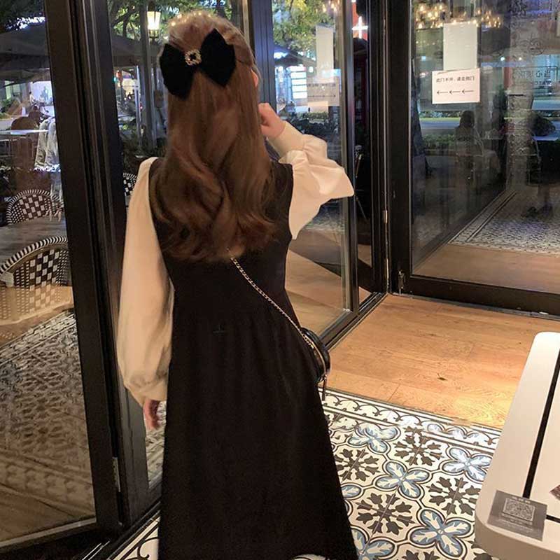 パフスリーブ切替ロングワンピース