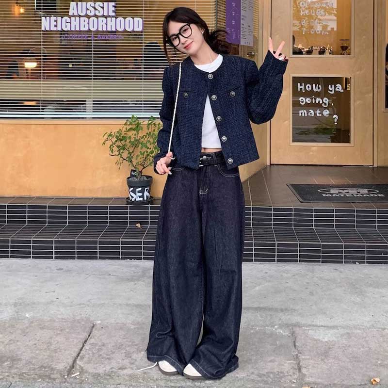 ノーカラーネイビーツイードジャケット