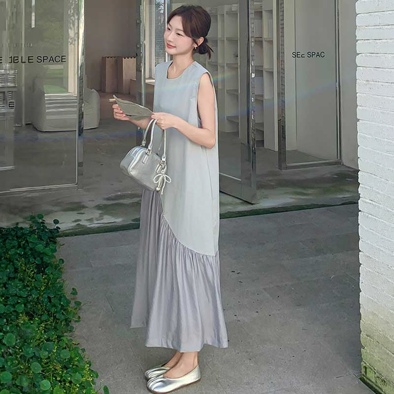 アシンメトリー切り替えフレアワンピース（灰）春/夏 エッジの効いた