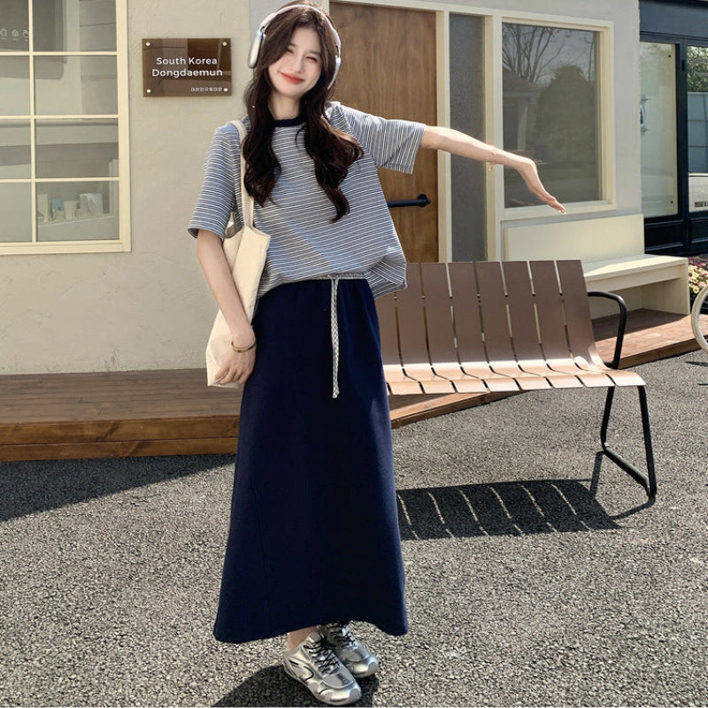 ストライプTシャツ×スウェットカートセットアップ