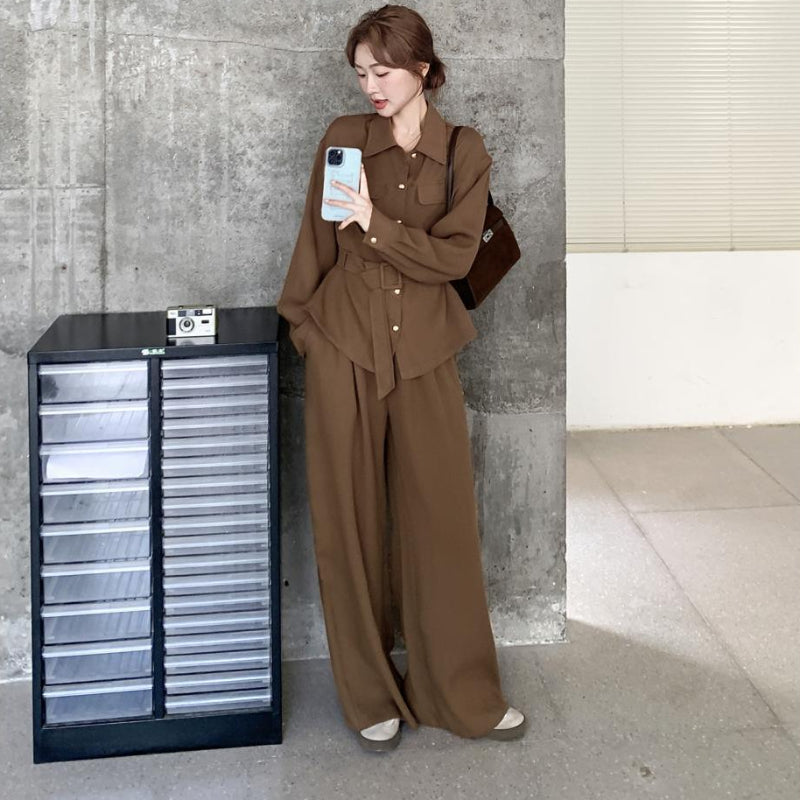 アメリヴィンテージ 20AW セットアップ シャツ ブラウス パンツ S 茶 ウエストベルトシャツ×ワイドパンツセットアップ(2colors) (紺・茶) 秋