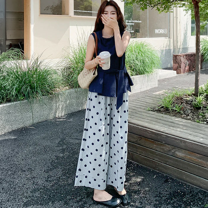 リボンカットソー×ドットワイドレッグパンツセット