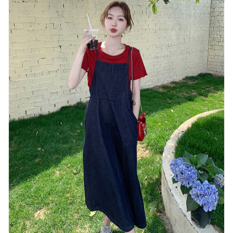 半袖Tシャツ×デニムサスペンダースカートセット