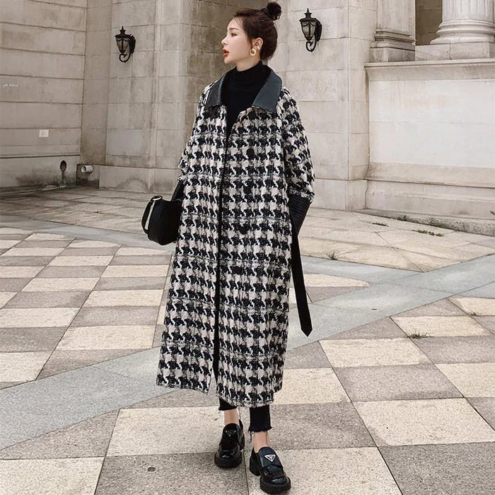 エコレザーコンビネーション千鳥格子柄ロングコート