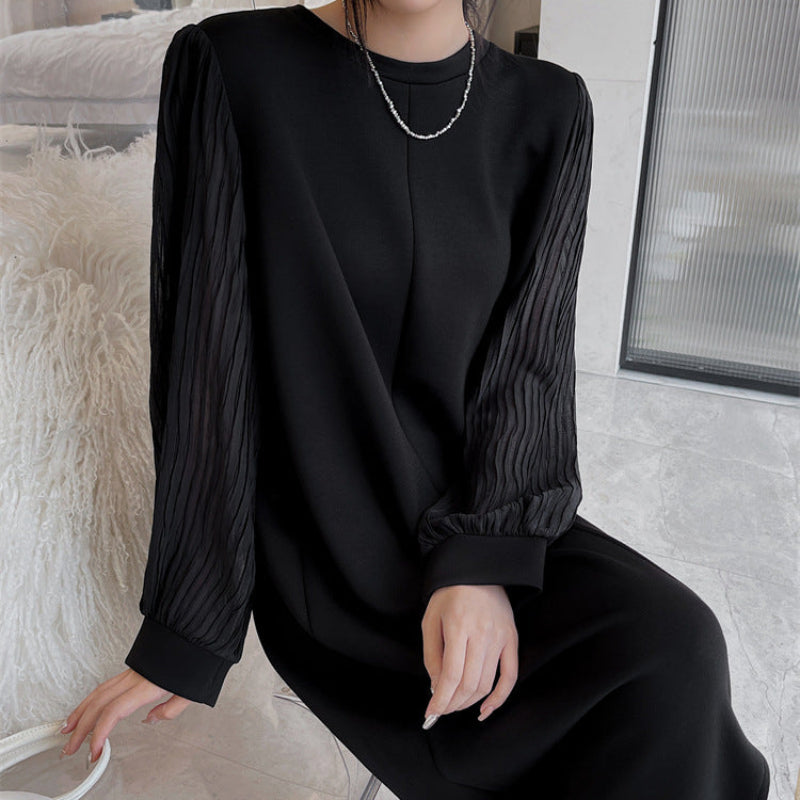 シフォンロングスリーブブラックワンピース