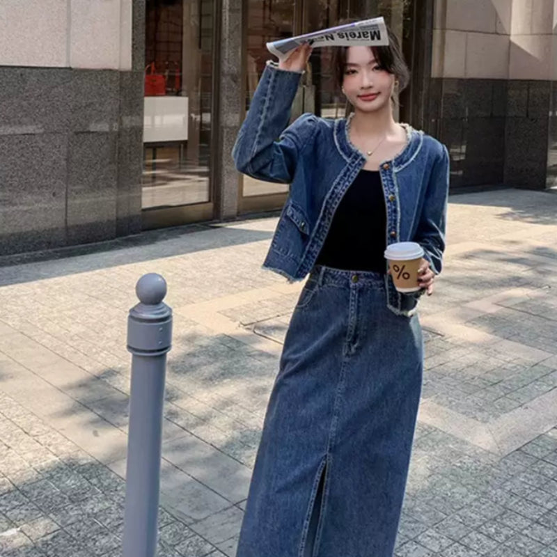 ノーカラーデニムジャケット×スカートセット