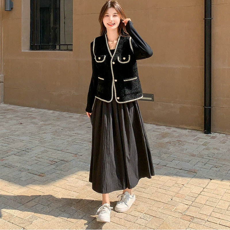 ツイードベスト×異素材切り替えワンピース