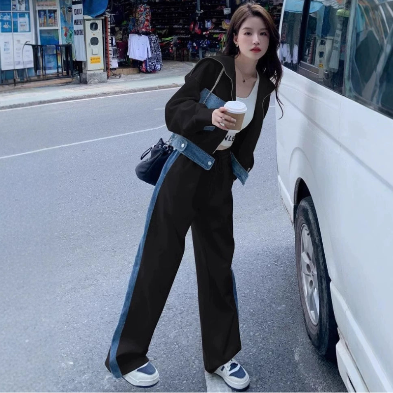 デニムパッチワークスウェットトップス×パンツ(2colors)