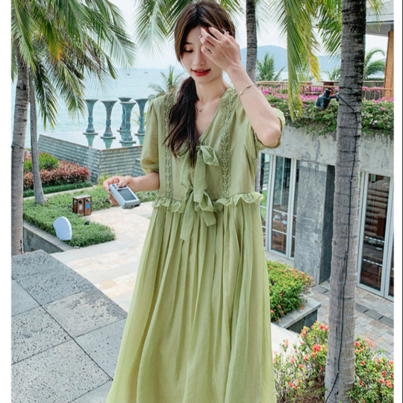 サイドフリルオーバーサイズワンピース（黄緑）春/夏/秋 エレガント