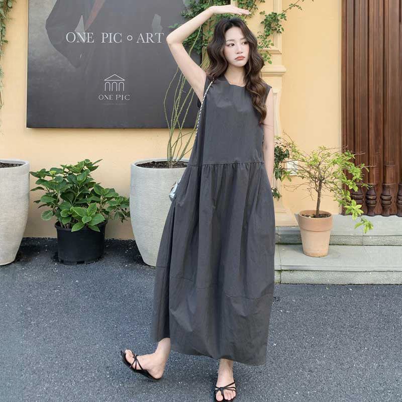 ギャザー切り替えロングワンピース
