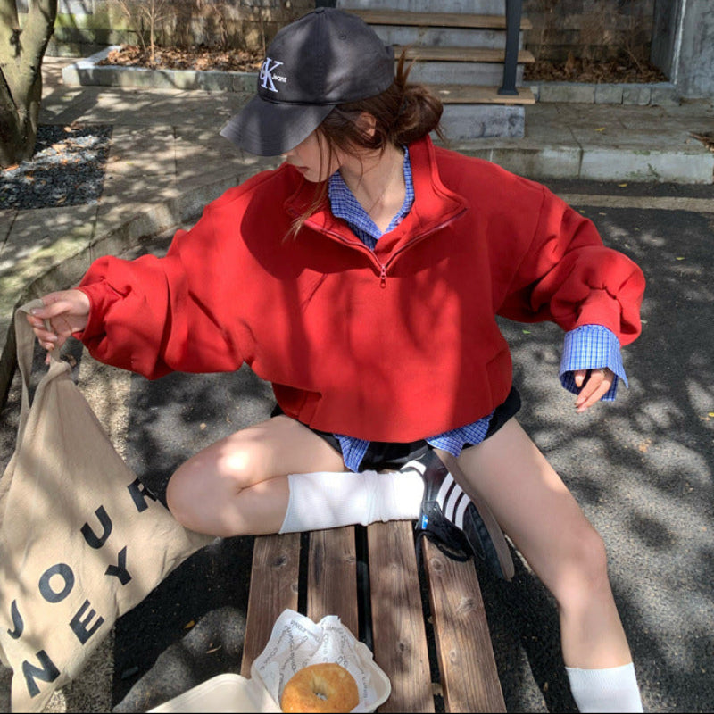 ハーフジップスウェット×チェックシャツ