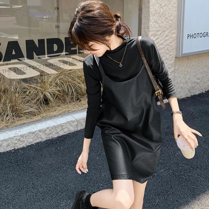 タートルトップス×PUレザーワンピースセット(2colors)