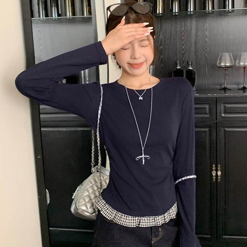 バックリボンチェックレイヤードカットソー