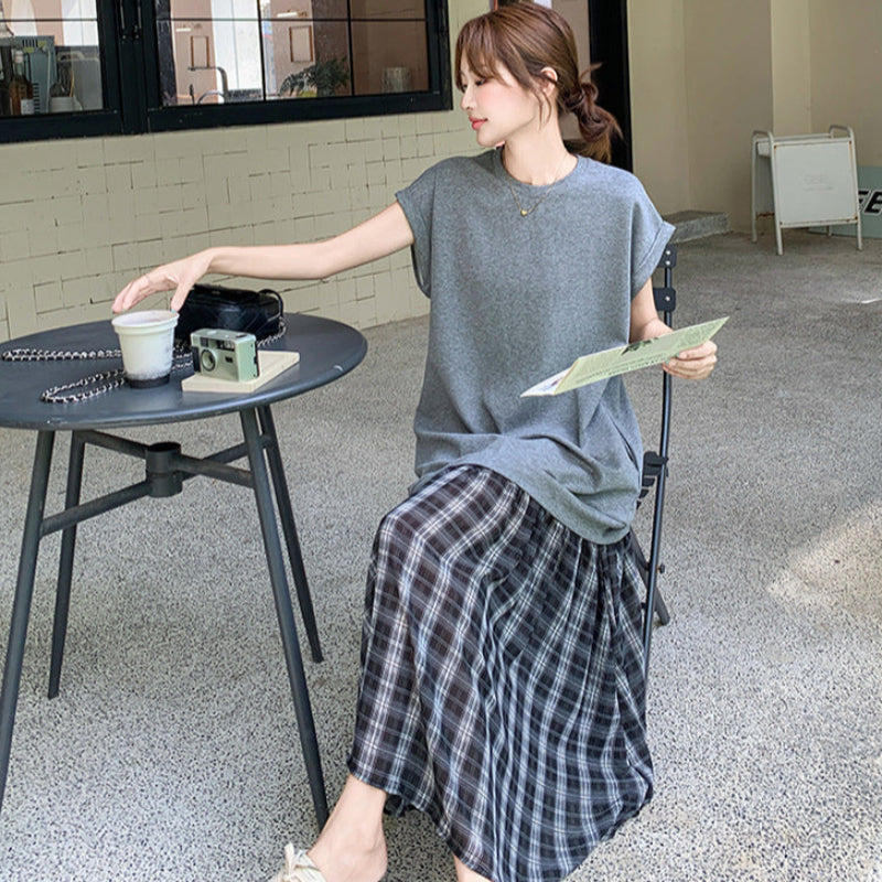 グレーカットソードッキングチェックスカートワンピース