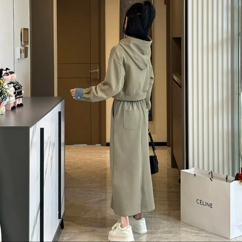 ショート丈パーカー×ロングスカートスウェットセット(2colors)