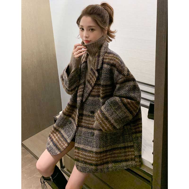 ダブルブレストチェック柄コート(2colors)