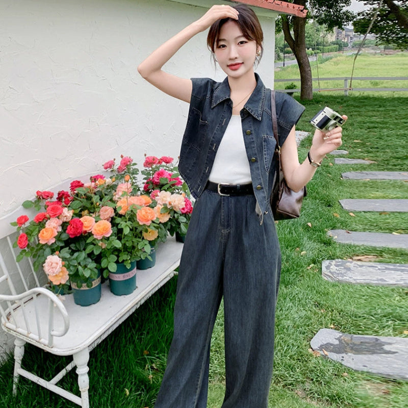 レースベスト ワイドレッグパンツ セットアップ デニム デニムベスト×ワイドレッグパンツセットアップ(青)春/夏/秋