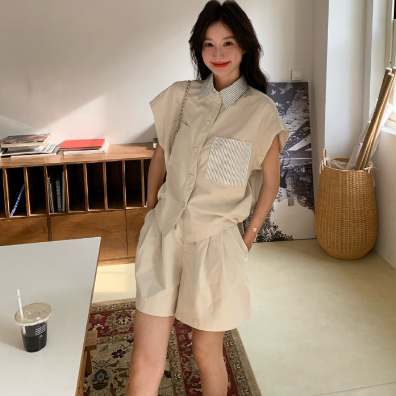 ストライプ切り替えシャツ×ショートパンツセットアップ