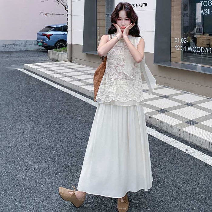 レーストップス フレアスカート パーティードレス 48 ボタニカルレーストップス×フレアスカート（白）春/夏 清楚で華やか