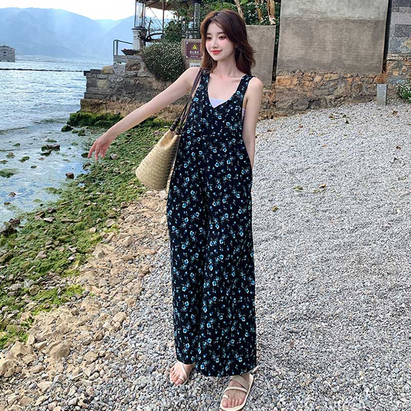 小花柄Vネックワイドサロペット