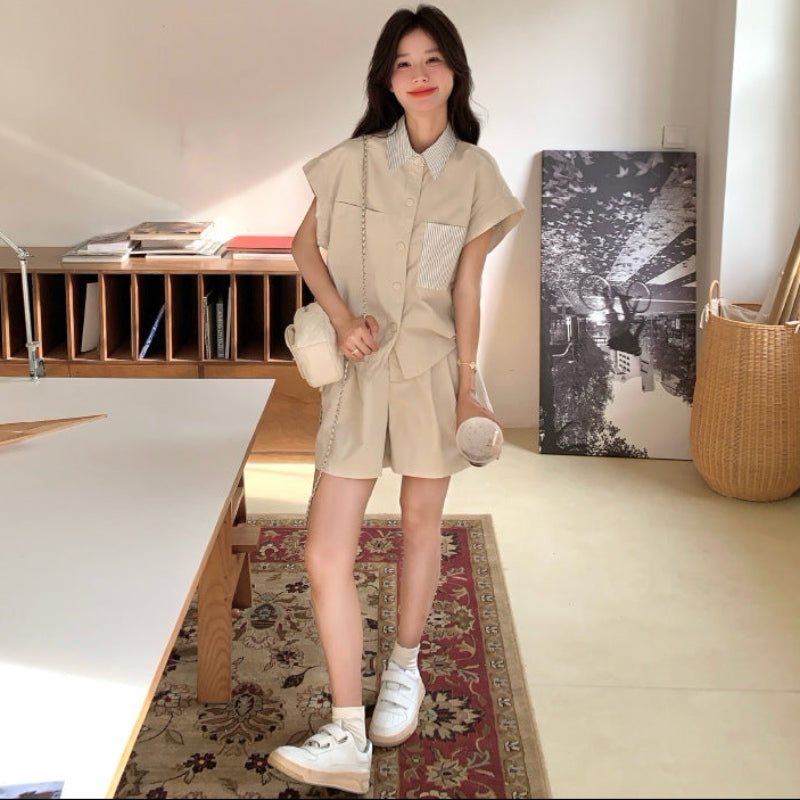 ストライプ切り替えシャツ×ショートパンツセットアップ