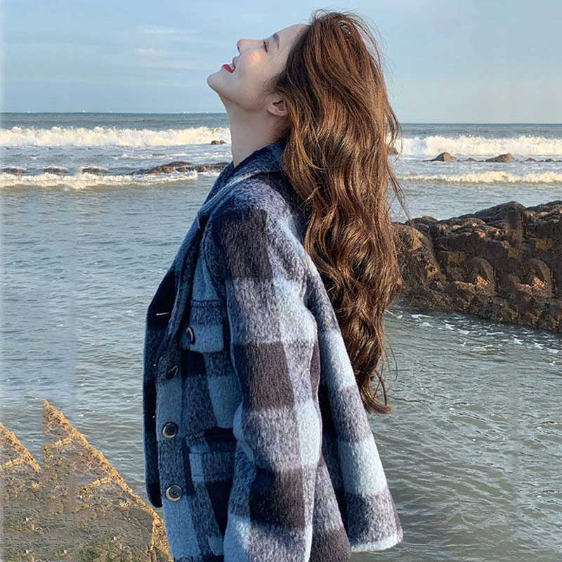 チェックシャギーコート