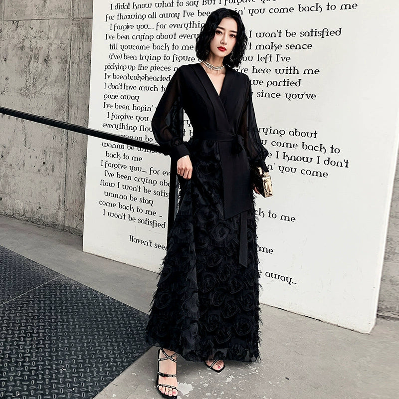 ショールカラーフェザー切り替えドレス(2colors)