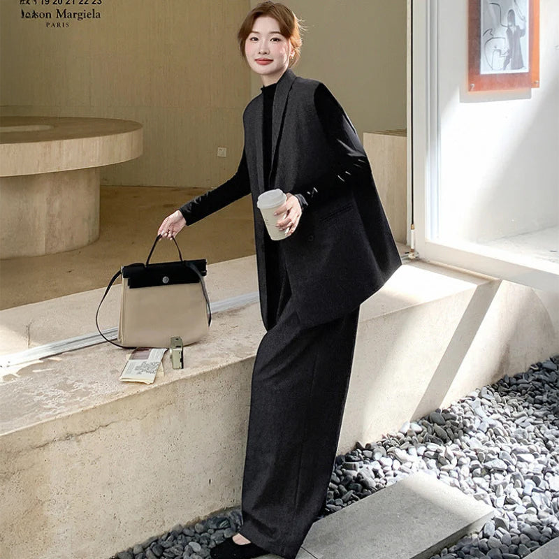 スリーブレスジャケット×トップス×ワイドパンツ3点セット