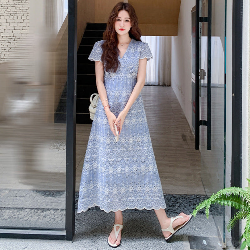 極美品★LOUIS VUITTON★フレンチレース★パフ袖★ワンピース レースフレンチスリーブワンピース (ライトブルー・白) 夏 軽やかで
