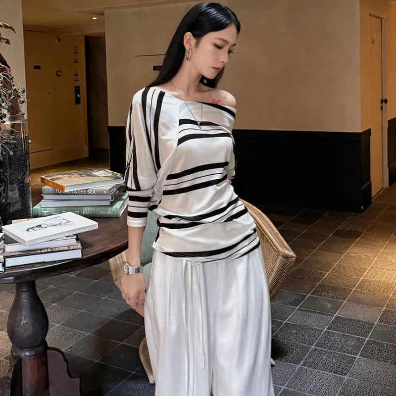 アシメストライプストライプオフショルダートップス(2colors)