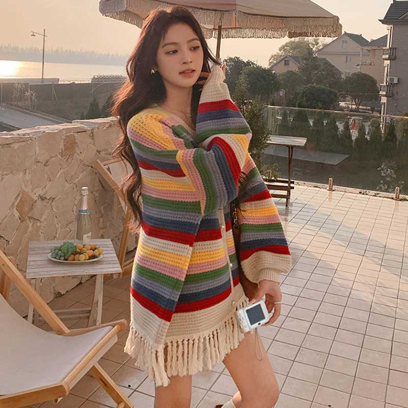 マルチボーダーフリンジカーディガン