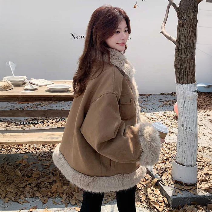 ラグジュアリーフェイクファージャケット（茶）秋/冬 ボリュームファー