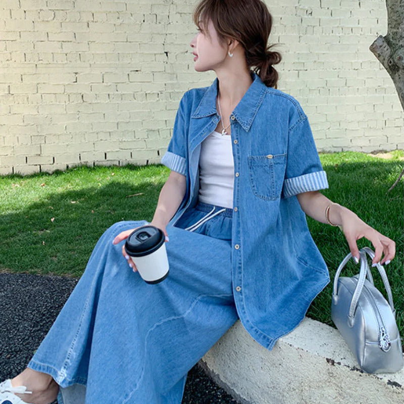 デニムシャツ×スカートセットアップ