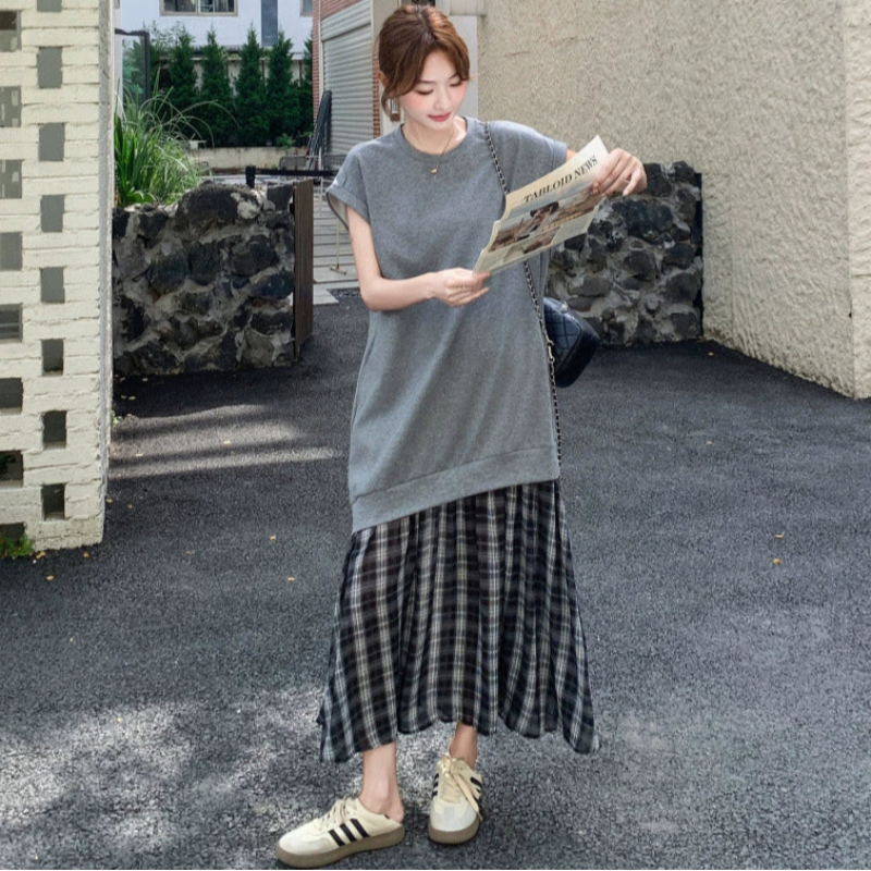 グレーカットソードッキングチェックスカートワンピース