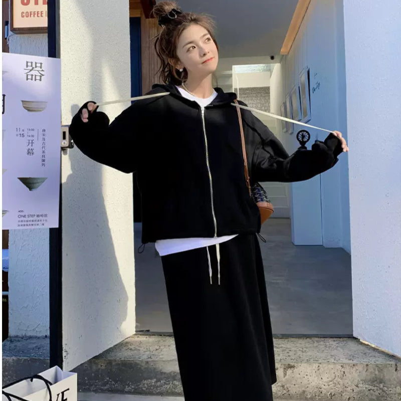オーバーサイズパーカー×スリットスカートセット(Black)