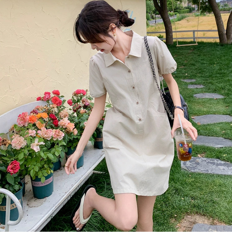 パフスリーブミニ丈シャツワンピース