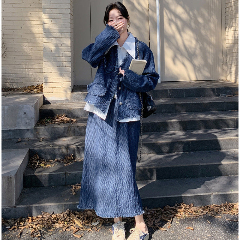 デニムジャケットスカートスーツ×ブラウス3点セット