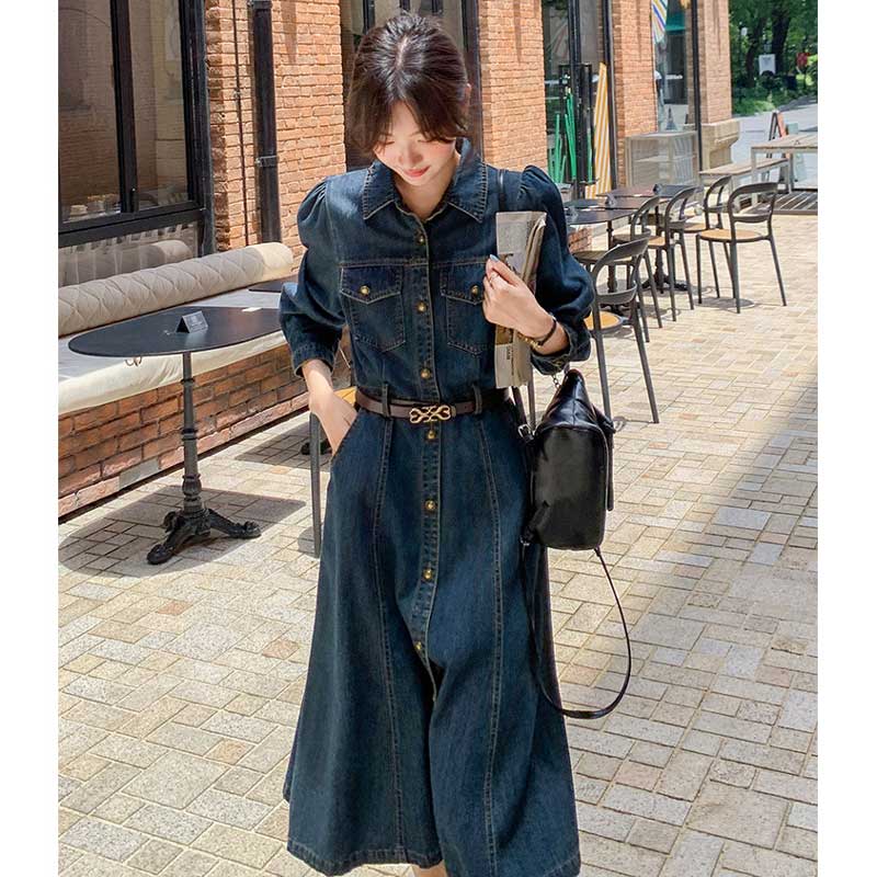 レトロ調デニムシャツワンピース