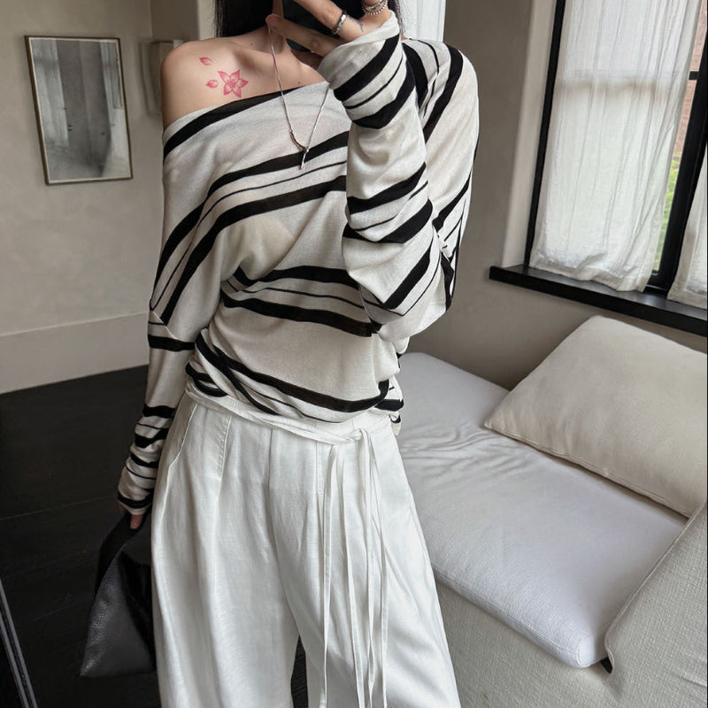 アシメストライプストライプオフショルダートップス(2colors)