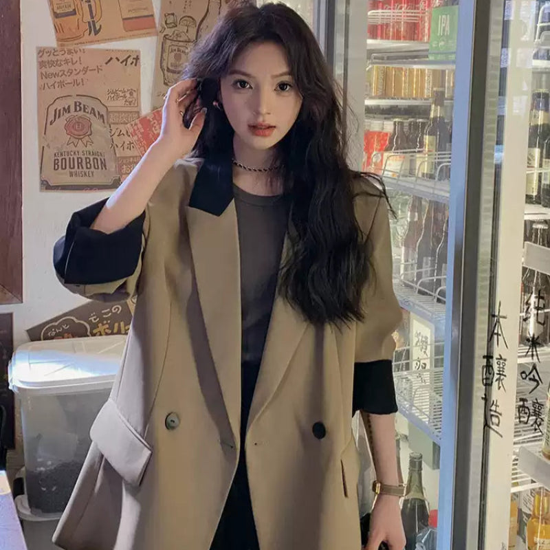 デザインバイカラージャケット (ベージュ) 秋/冬 レトロっぽい デザインバイカラージャケット (ベージュ) 秋/冬 レトロっぽい