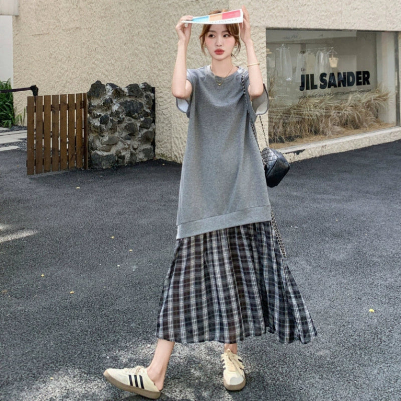 グレーカットソードッキングチェックスカートワンピース