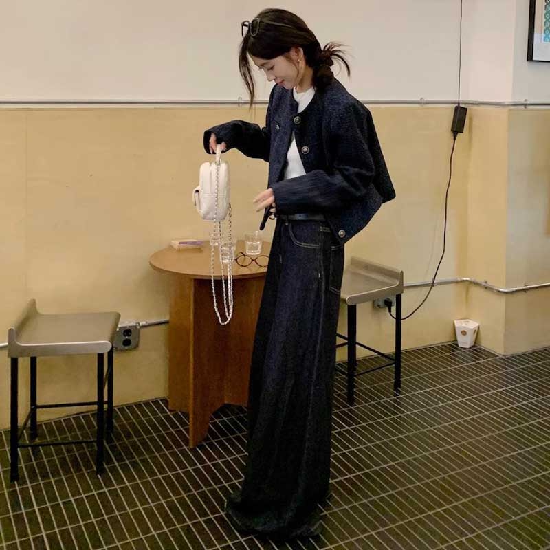 ノーカラーネイビーツイードジャケット（紺）秋/冬 羽織るだけでパリ