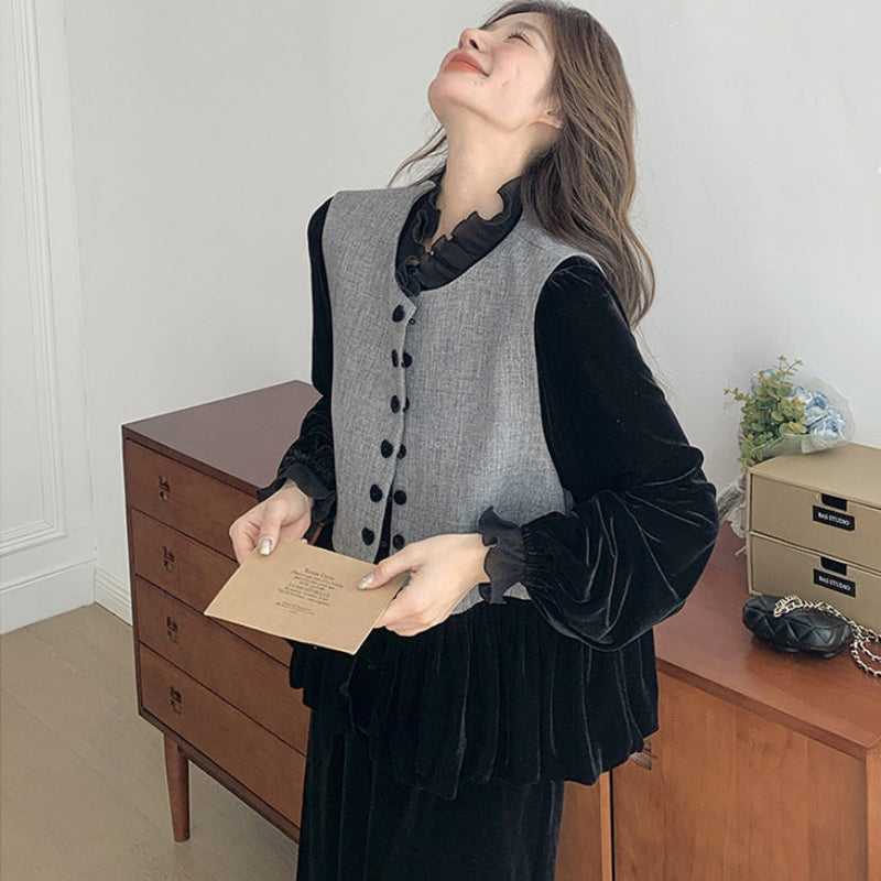 エレガンスベルベットベスト×トップス×スカート３点セット