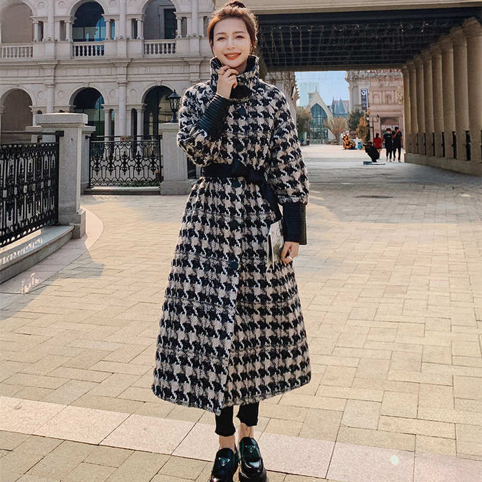 エコレザーコンビネーション千鳥格子柄ロングコート